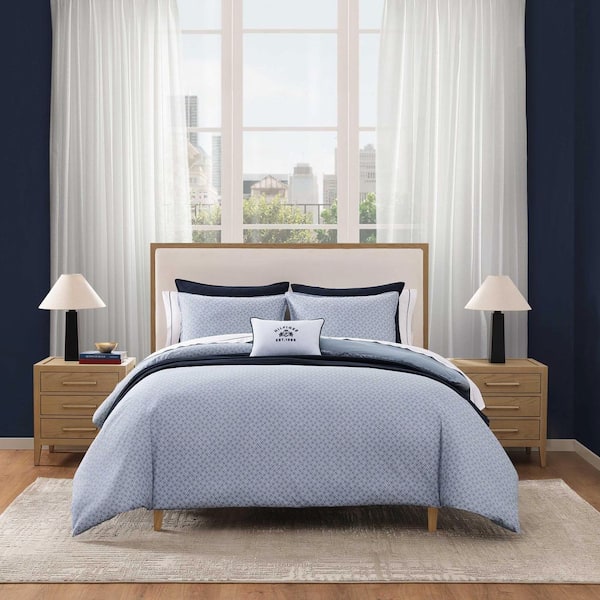 TH Trellis Flag Texture 3-Piece Yale Blue/Yale Blue Cotton Percale King Duvet Cover Set