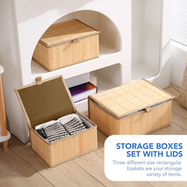 Set of 3 Bamboo Storage Baskets with Lids-Stackable Rectangular