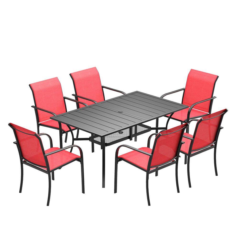 7-Piece Patio Dining Set with 59.2 in. Black Metal Rectangular Table and 6-Red Stackable Dining Chairs for Backyard