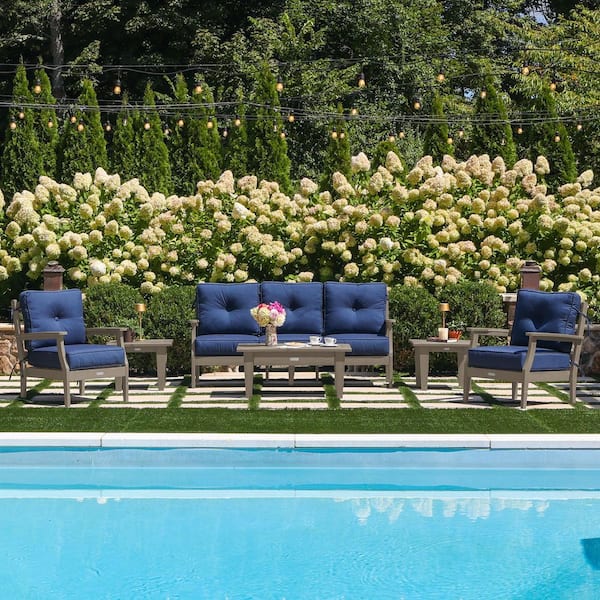 Lehigh Brown 6-Piece Couch and Chair Deep Seating Patio Conversation Set with Spectrum Indigo Cushions