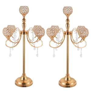 Gold 33.8 in. H 5 Arms Crystal Candle Holder Candlestick Holder Tabletop Centerpiece for Wedding Dining Table (2-pack)