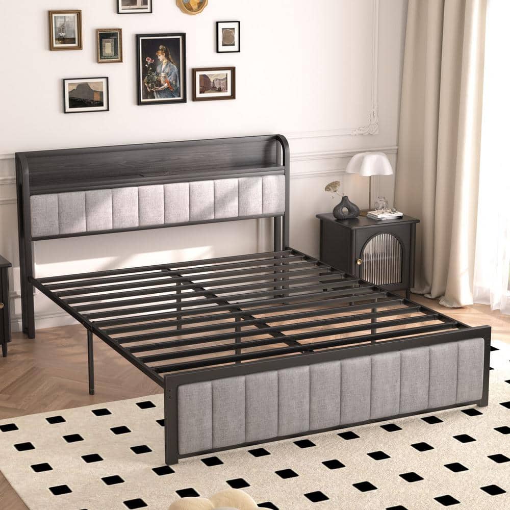Queen Bed Frame, Black Metal Frame Platform Bed Upholstered Headboard with Storage Charging Station, Sturdy Metal Slats - thumbnail 2