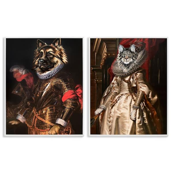 Stupell Industries Royal Garb Dog and Cat by Carolee Vitaletti 2 Pieces White Framed Animal Giclee Art Print 14 in. x 11 in.