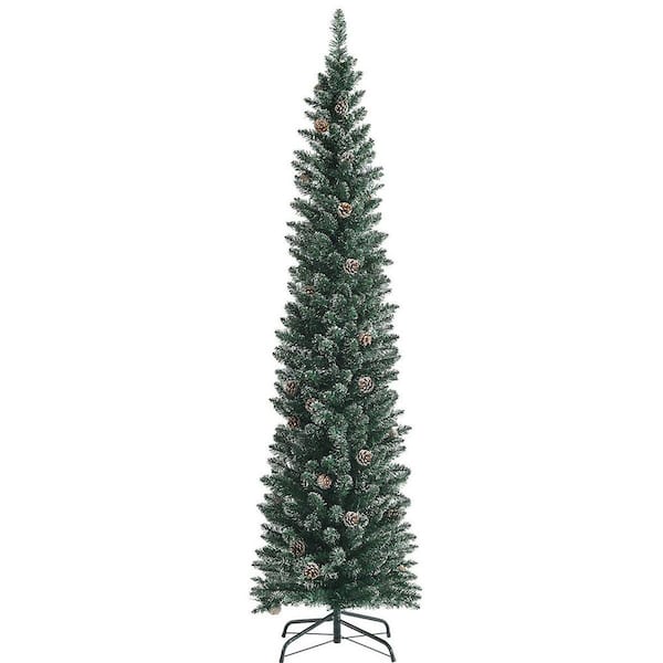 ANGELES HOME 7 ft.Green Unlit Snowy Artificial Pencil Christmas Tree with Pine Cones