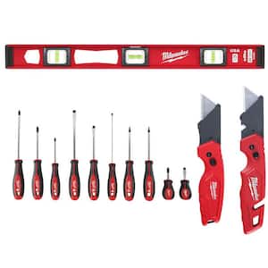 24 in. Magnetic I-Beam Level with Screwdriver Set and FASTBACK Folding Utility Knife Set (13-Piece)