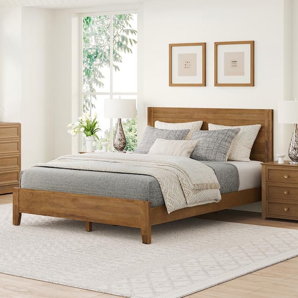 Lazio Mid Century Brown Wood Solid Wood Frame Queen Size Platform Bed Frame with Headboard Wooden Slat Support