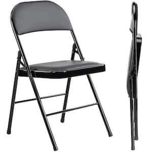 Black Faux Leather Seat Steel Frame Utility Chair Folding Chairs (Set of 2)