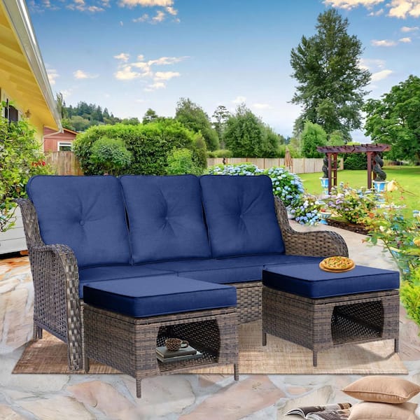 Brown 3-Piece Wicker Patio Conversation Seating Sofa Set Outdoor Couch Ottoman with Navy Blue Cushions