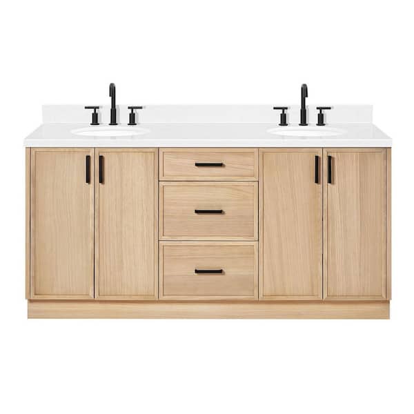 Kelly 72 in. Double Sink Freestanding Bathroom Vanity in White Oak with Carrara White Quartz Top
