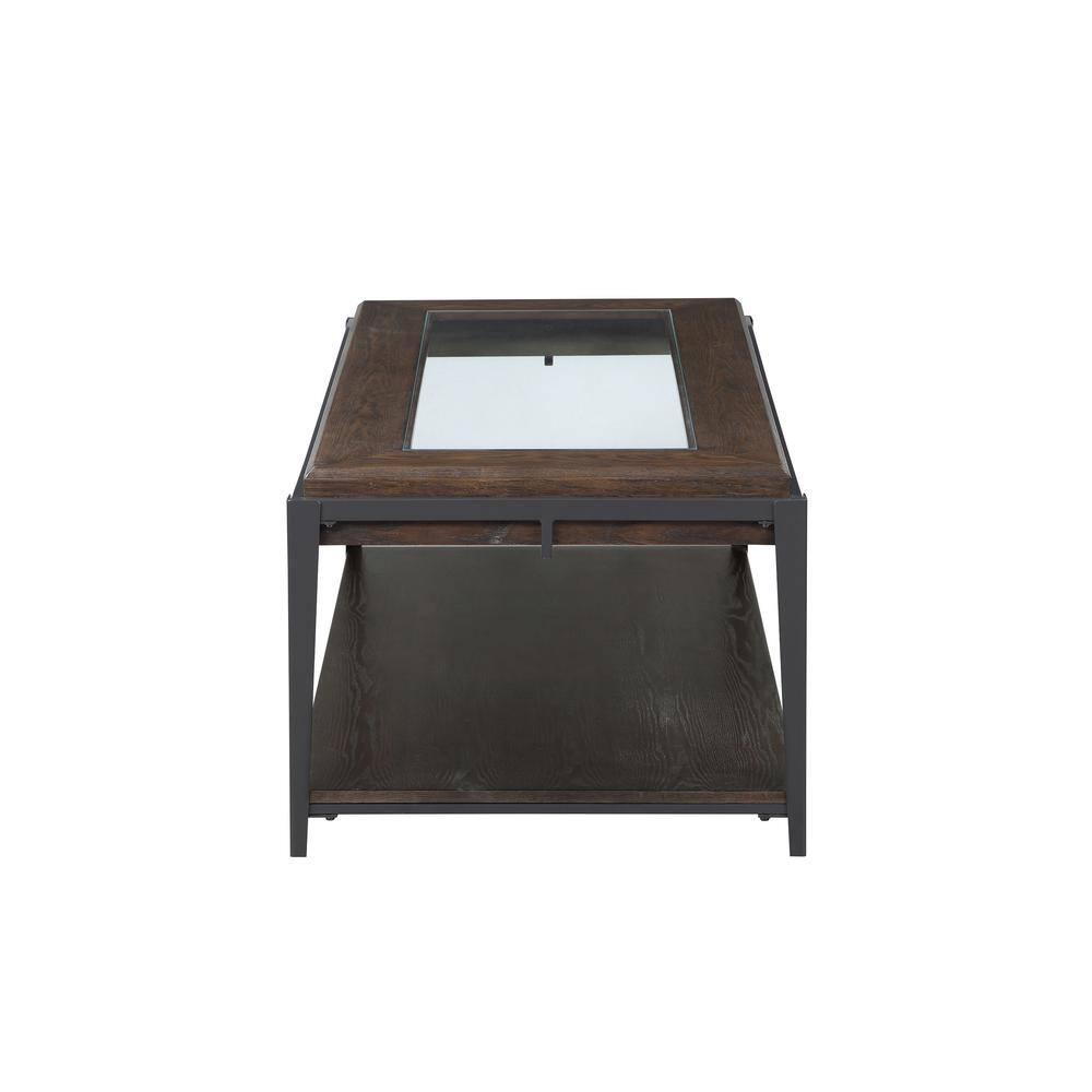 Espresso Rectangular Wood and Glass Cocktail Table with Iron Frame