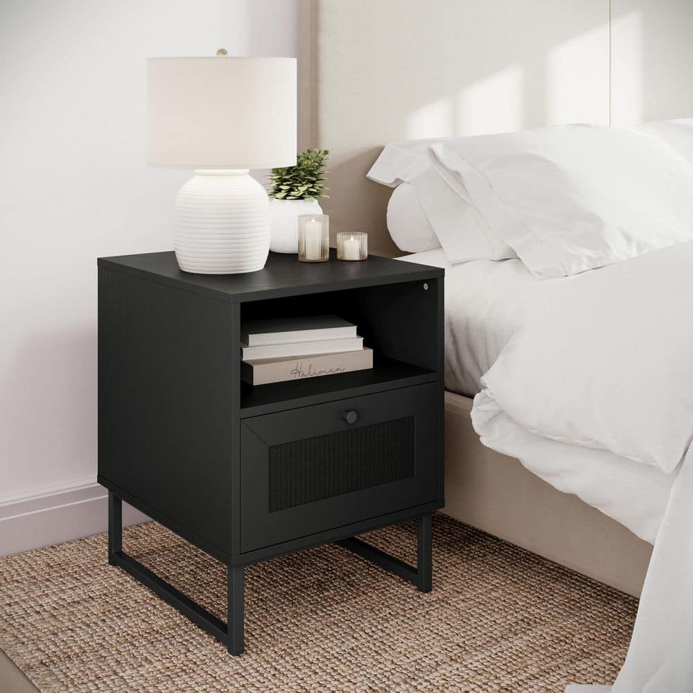 Malaki 17 in. Black Square Engineered Wood End Table with Rattan Accented Drawers, Open Upper Shelves, and Metal Legs price history on PriceWatchPro