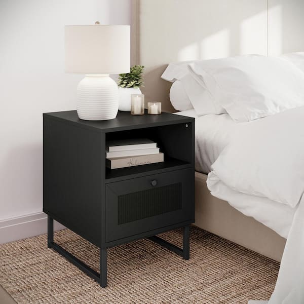 Malaki 17 in. Black Square Engineered Wood End Table with Rattan Accented Drawers, Open Upper Shelves, and Metal Legs