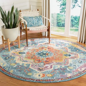 Crystal Teal/Orange 7 ft. x 7 ft. Round Border Area Rug