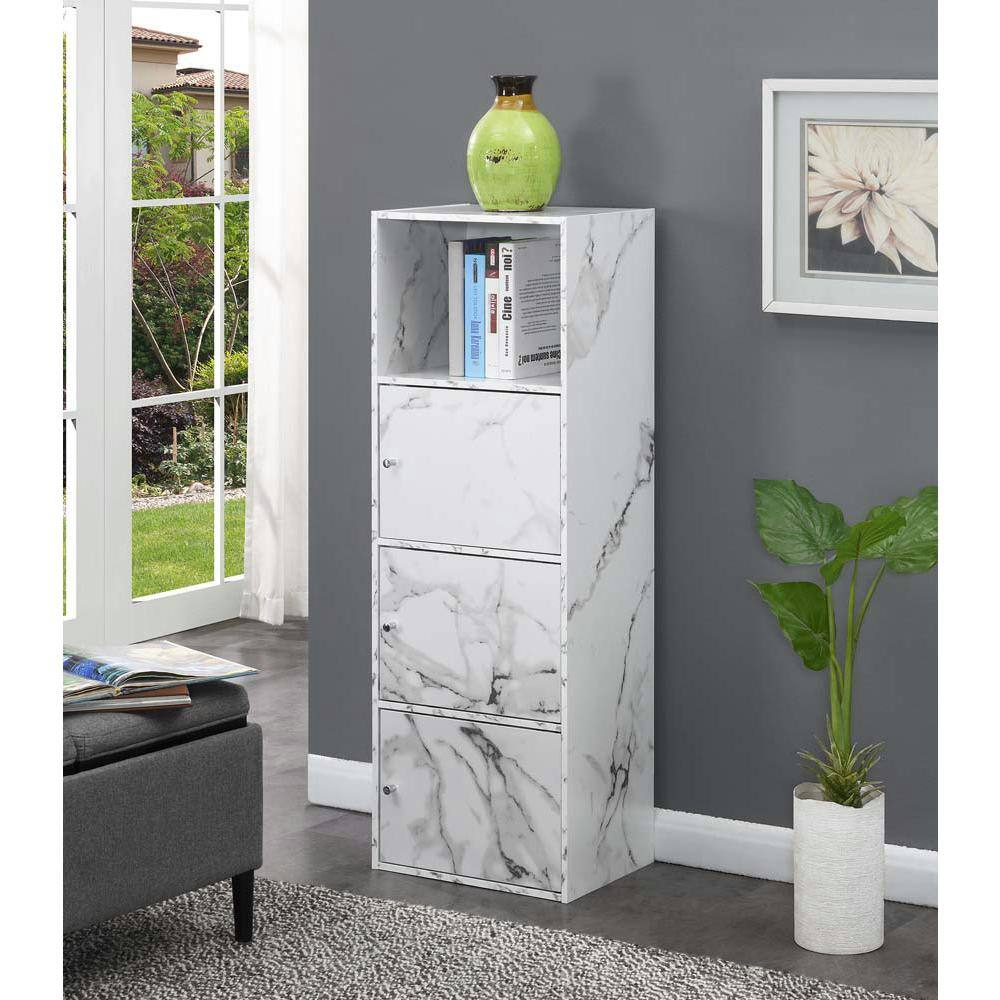White Faux Marble 3-Door Office Storage Cabinet with Adjustable Shelving