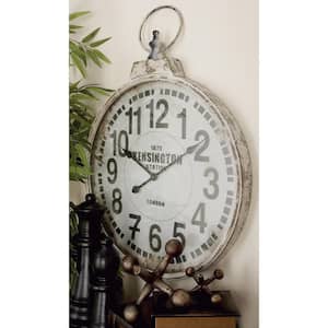 24 in. x 32 in. White Metal Distressed Pocket Watch Inspired Wall Clock with Black Accents
