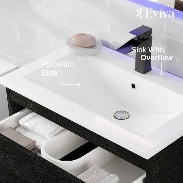Eviva Joyous 39 in. W x 18 in. D x 22.5 in. H Floating Single Sink Bath Vanity in Black with White Porcelain Top