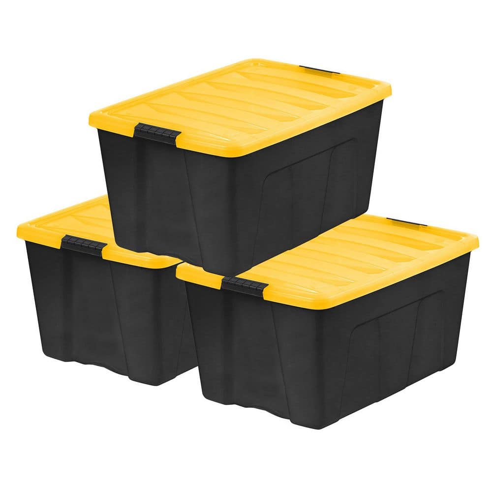 94 Qt. /23.5 Gal Plastic Storage Bins with Lids, Black Latching Stackable Totes 3Pk