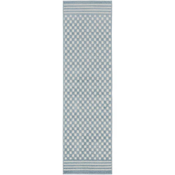Nourison Casual Blue 2 ft. x 6 ft. Checker Contemporary Runner Area Rug