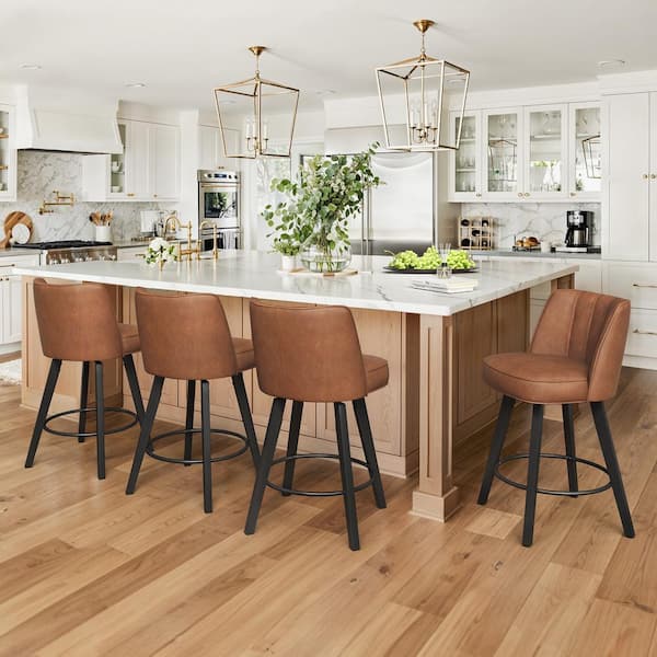 Paul 26 in. Brown Modern Faux Leather 360° Swivel High Back Barstool Solid Wood Counter Height stool (Set of 4)
