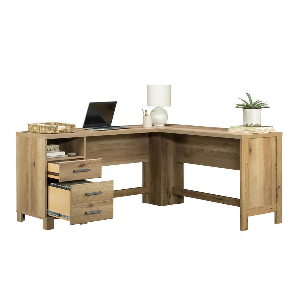 Timber Oak L-Shaped Corner Computer Desk with Drawer and Filing Cabinet