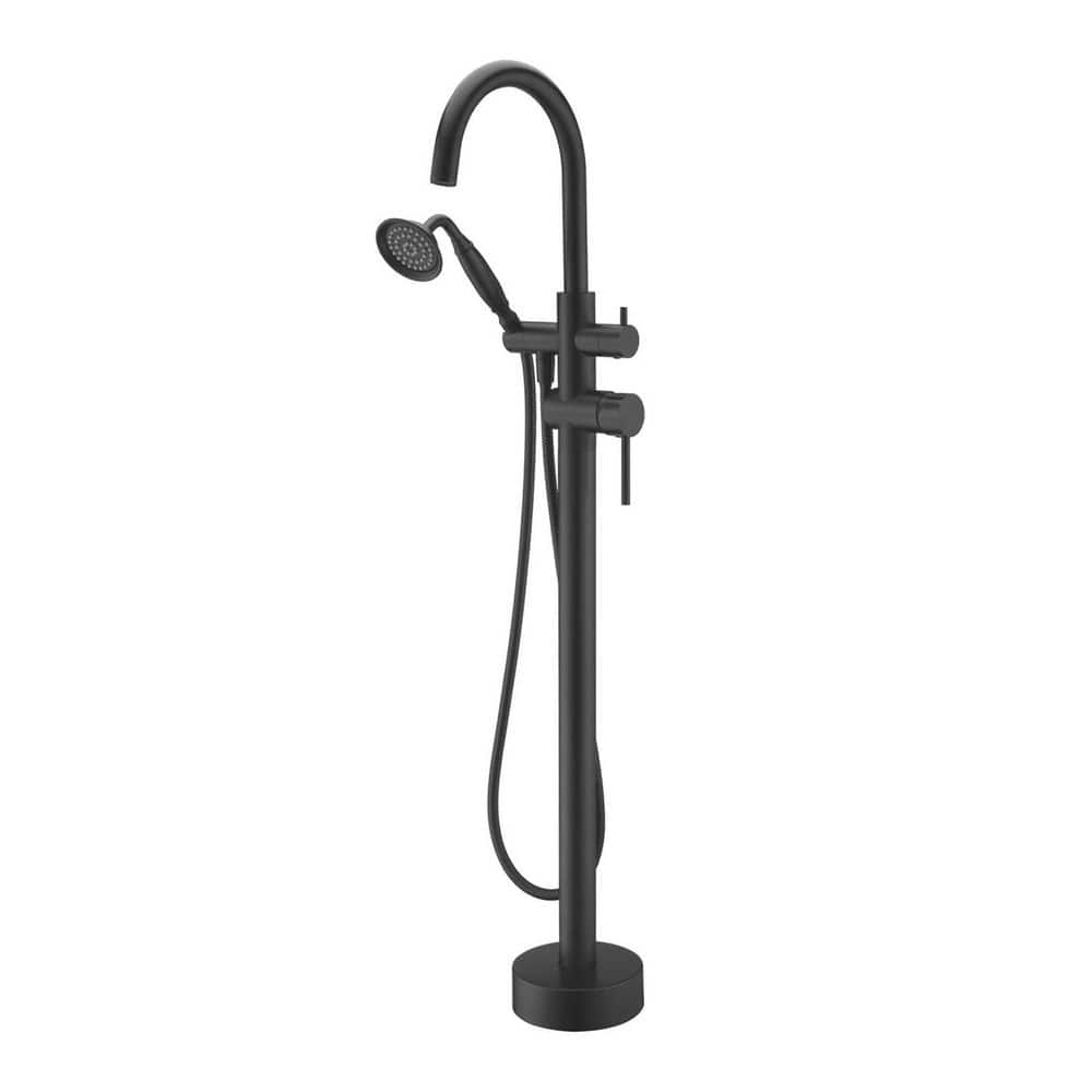 Double Lever Handle Freestanding Tub Filler Bathtub Faucet with Hand Held Shower in Matte Black price history on PriceWatchPro