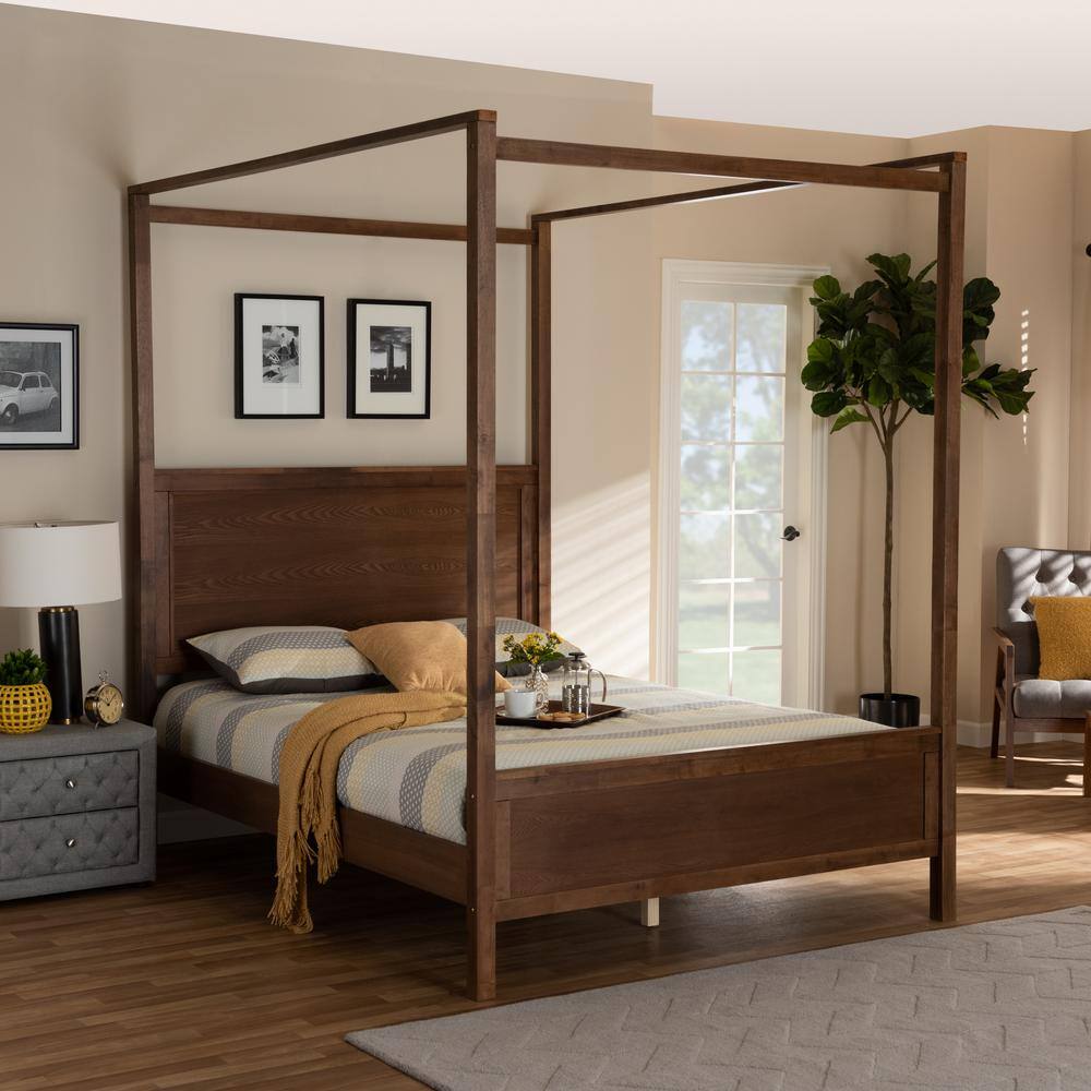 Elegant Walnut Brown King Size Wood Canopy Platform Bed
