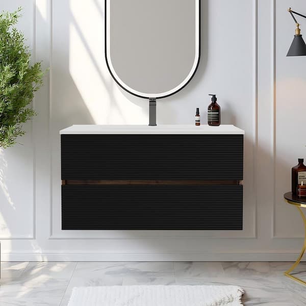 Paterno 35.54 in. W x 17.93 in. D x 18.79 in. H Single Sink Floating Walnut Bath Vanity with White Ceramic Vanity Top