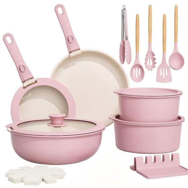 21 Piece Aluminum Nonstick Cookware Set in Pink with Removable Handle, Oven Safe, Induction Ready, Easy to Clean