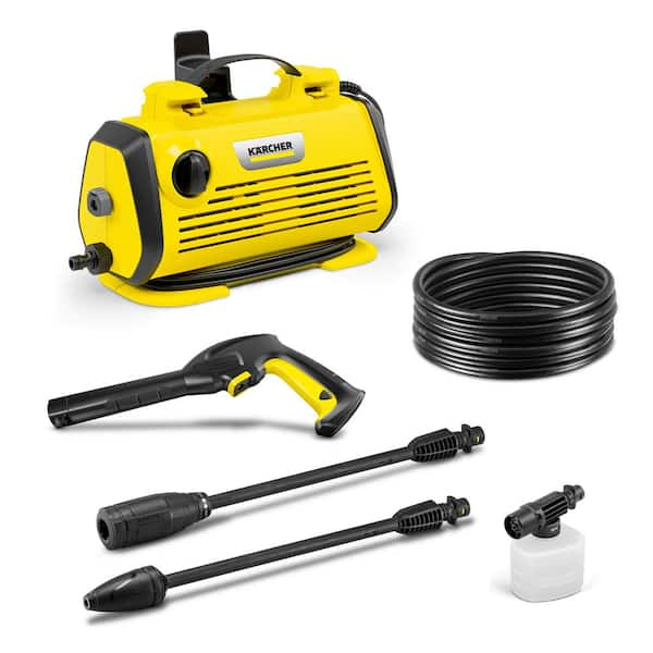 K 3-Horizontal FJ Cold Water Electric Pressure Washer, 1800 psi, 1.45 GPM, 2-Spray Wands, Foam Jet, Hose, Compact Design