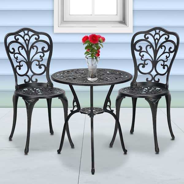 Cast Aluminum Round Outdoor Bistro Set, Outdoor Bistro Table And Chairs Black