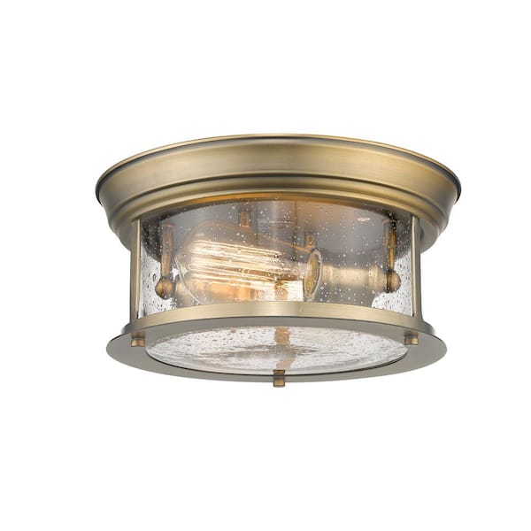 Unbranded 16 in. 2-Light Heritage Brass Flush Mount with Clear Seedy Shade
