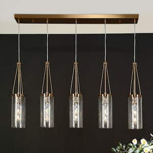 Letophafos 5-Light Brass Island Linear Chandelier for Living Room with Hammered Glass Shades and No Bulb Included