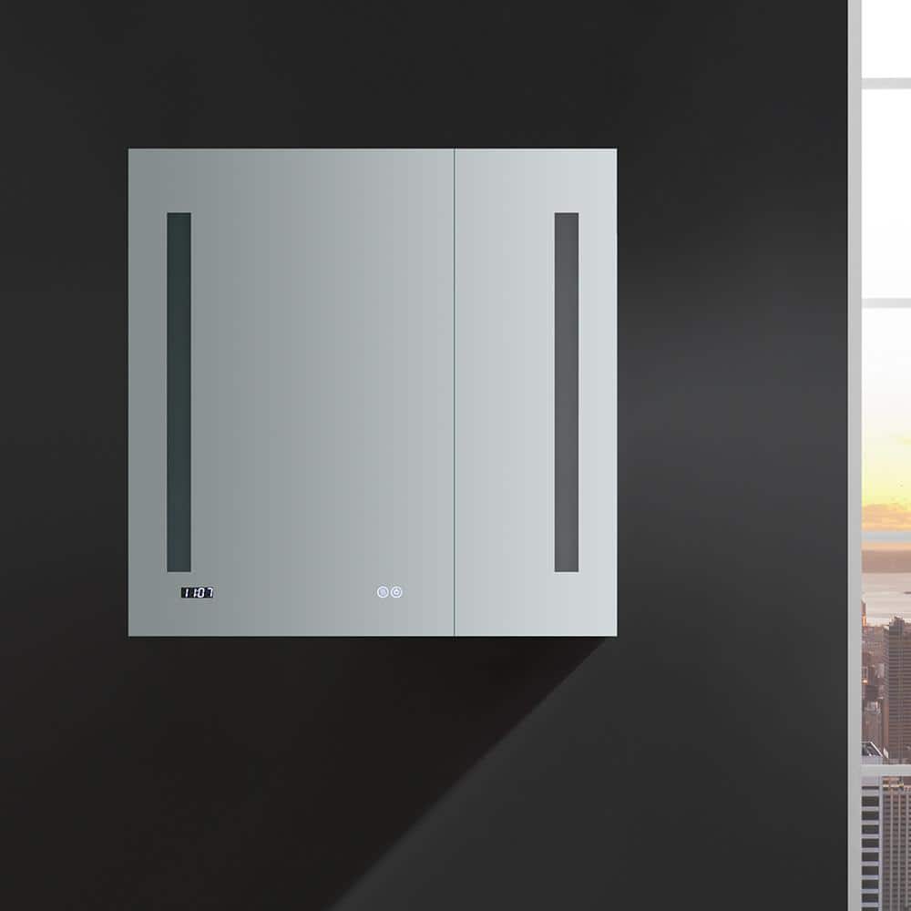 Modern 30'' Square Frameless Mirrored LED Medicine Cabinet with Clock