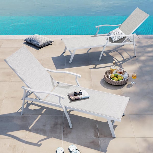 2-Piece Aluminum Adjustable Outdoor Chaise Lounge in White Gray