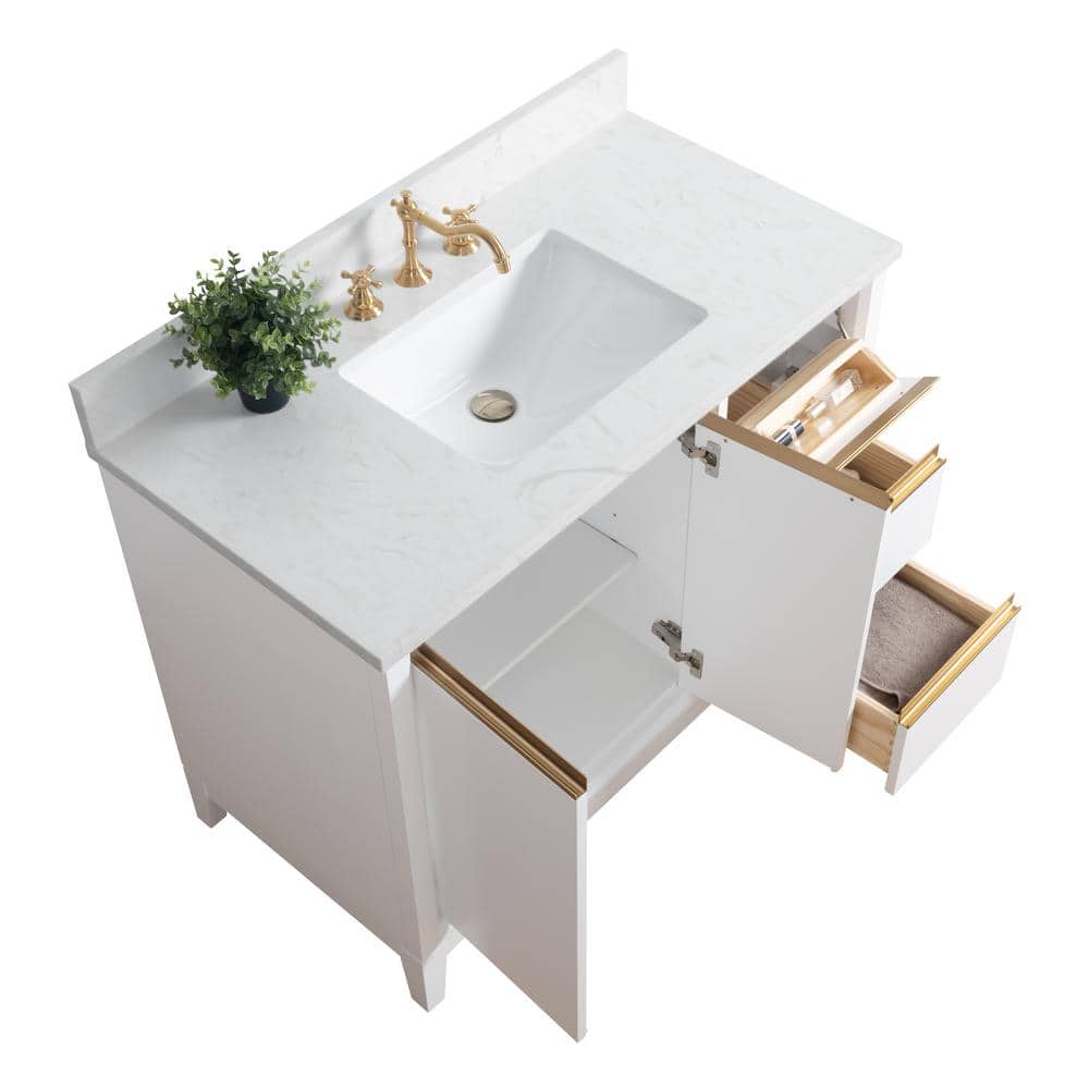 42" White MDF Freestanding Bathroom Vanity with Engineered Marble Top