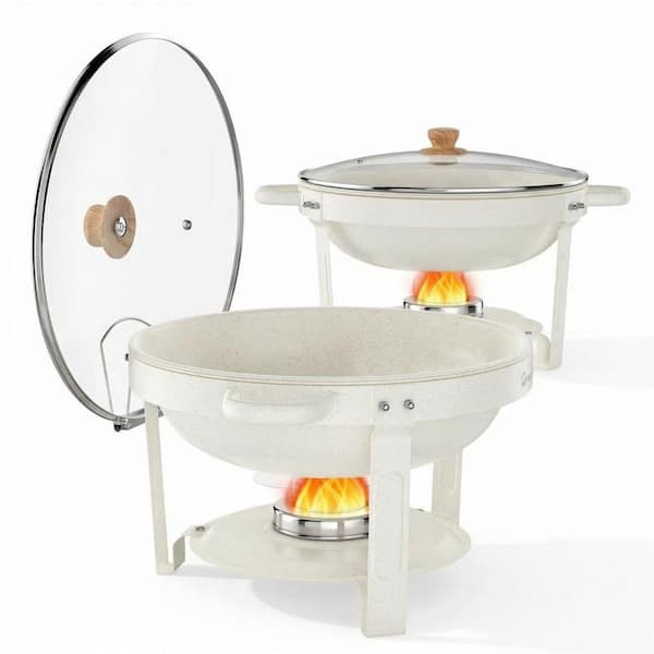 Round White Chafing Dishes for Buffet 5 qt. with Glass Lid and Lid Holder Maifanite-Coated Stainless Unit