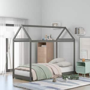 Gray Twin Size Wooden House Bed with Roof
