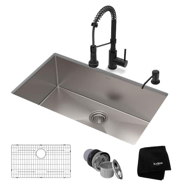 Kraus Standart Pro All In One Undermount Stainless Steel 32 In Single Bowl Kitchen Sink With Faucet In Matte Black Khu100 32 1610 53mb The Home Depot