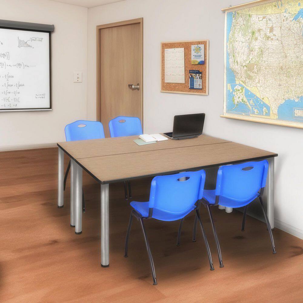 Kee 66 in. x 24 in. Noble Oak Top Training Table Desk, Chrome Legs and 2 M Stack Chairs-Blue