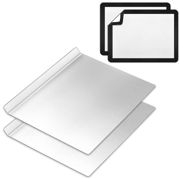 2 Pcs 16 in. Flat Aluminum Cookie Sheets with Non-Stick Coating and 2 Silicone Mats Pizza Baking Accessory