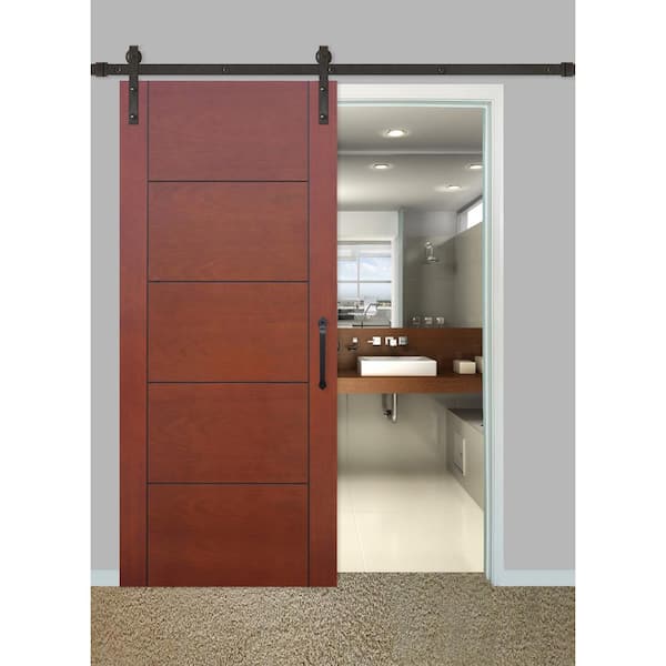 36 in. x 84 in. Contemporary Prefinished 5-Panel Flush Mahogany Wood Sliding Barn Door with Bronze Hardware Kit