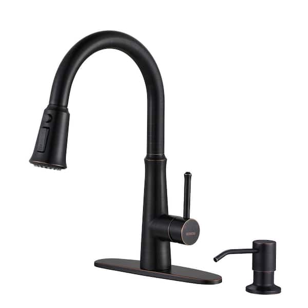 WOWOW Single Handle Pull Down Sprayer Kitchen Faucet with Soap Dispenser in Oil Rubbed Bronze
