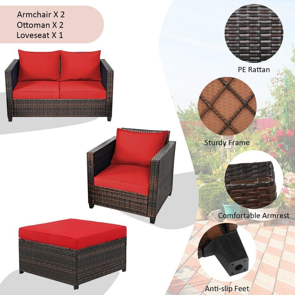 5-Piece Red Cushioned Rattan Patio Furniture Set with Ottoman