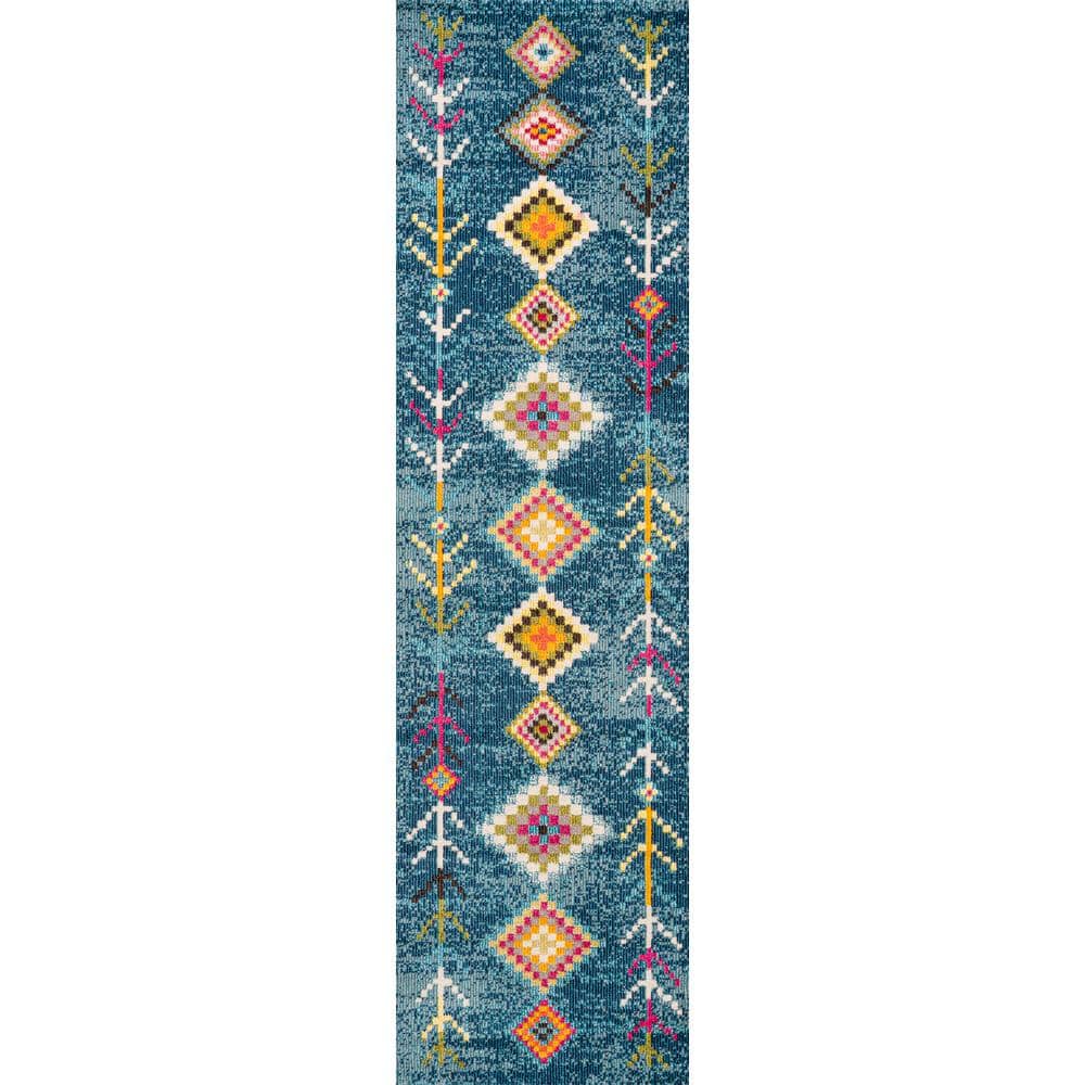 Dark Blue Multi Geometric Synthetic Runner Rug 2'-3" x 8'