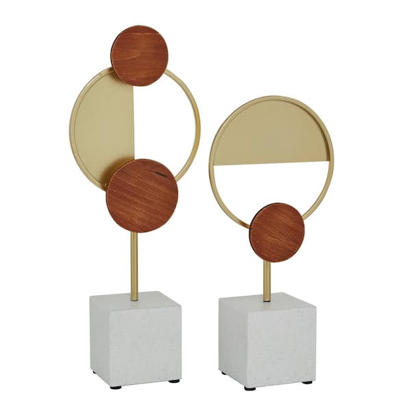 Litton Lane Gold Metal Geometric Sculpture with Wood Accents (Set of 2)