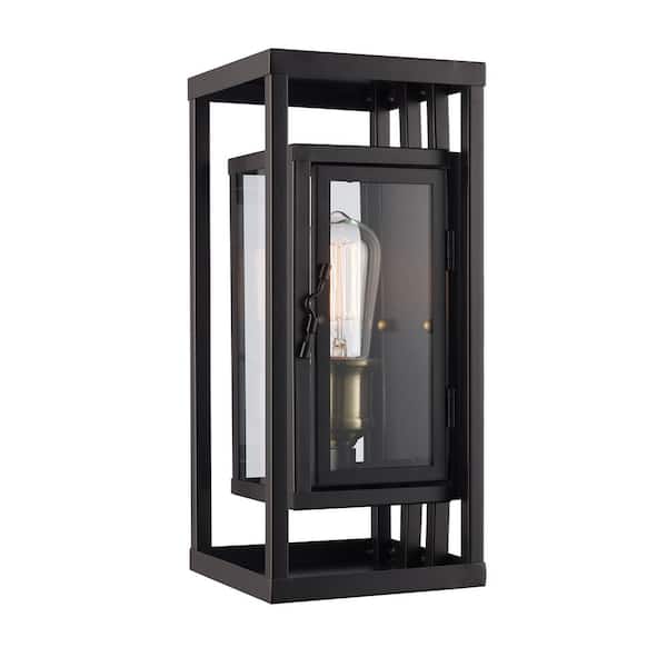 Bel Air Lighting Showcase 13 in. 1-Light Rubbed Oil Bronze and Antique Brass Outdoor Wall Light Fixture with Clear Glass