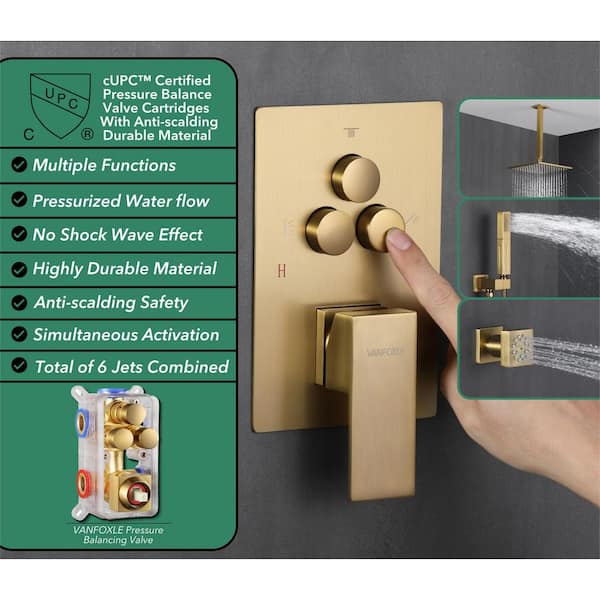 Single Handle 3-Spray Shower Faucet 1.8 GPM 10 in. Square Ceiling Mount with Pressure Balance in Brushed Gold with 6-Jet