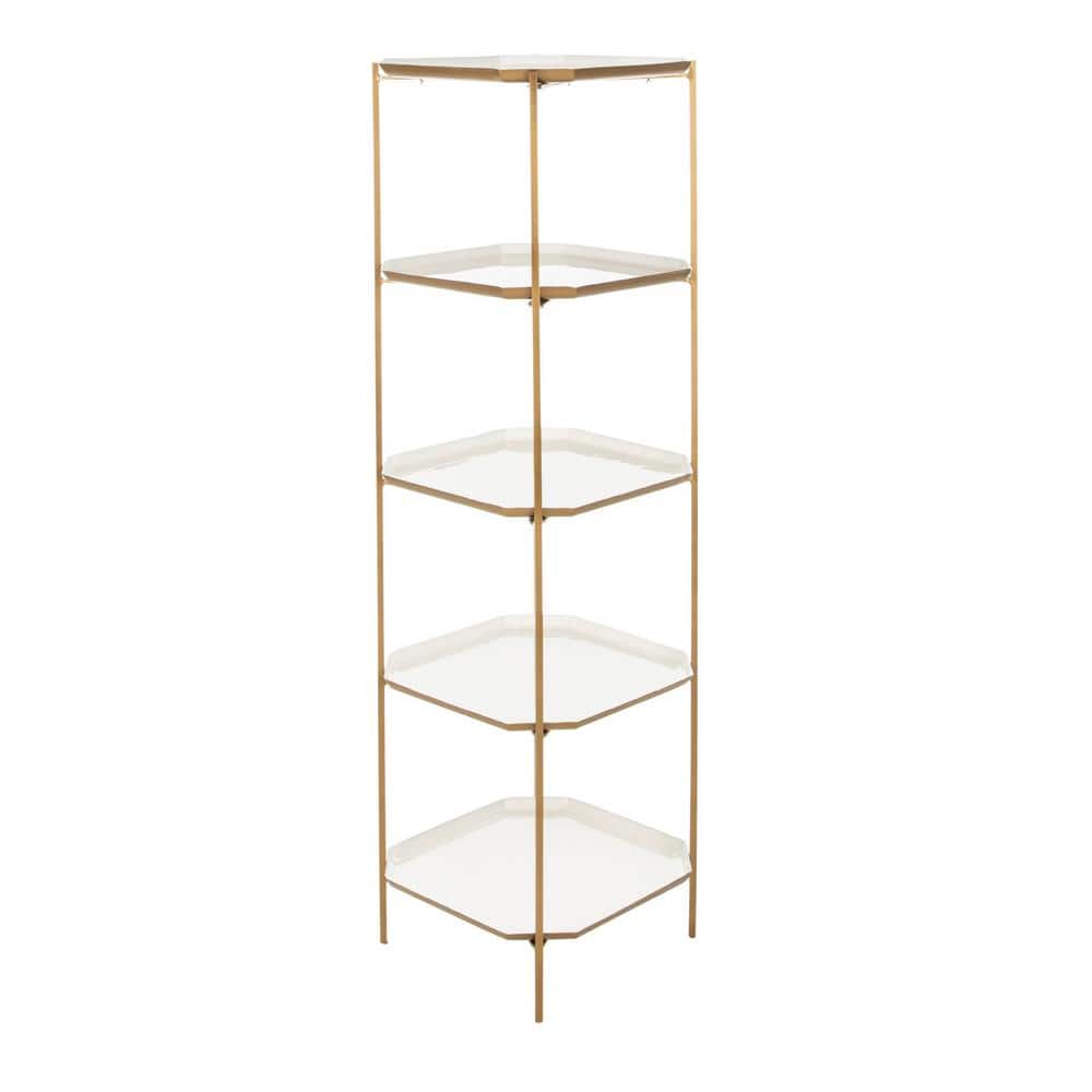 Contemporary White and Brass 5-Tier Etagere Bookshelf