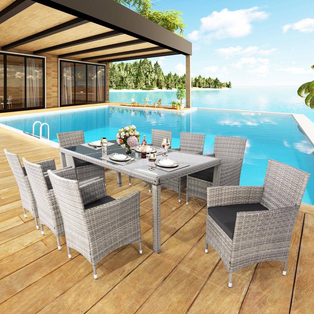 Gray 9-Pieces PE Wicker Outdoor Dining Set with Black Cushion, Patio Rattan