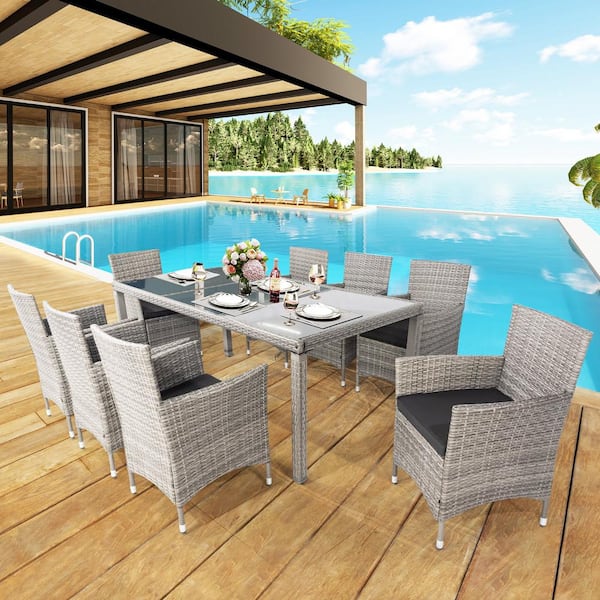 Unbranded Gray 9-Pieces PE Wicker Outdoor Dining Set with Black Cushion, Patio Rattan Conversation Furniture Table and Chairs